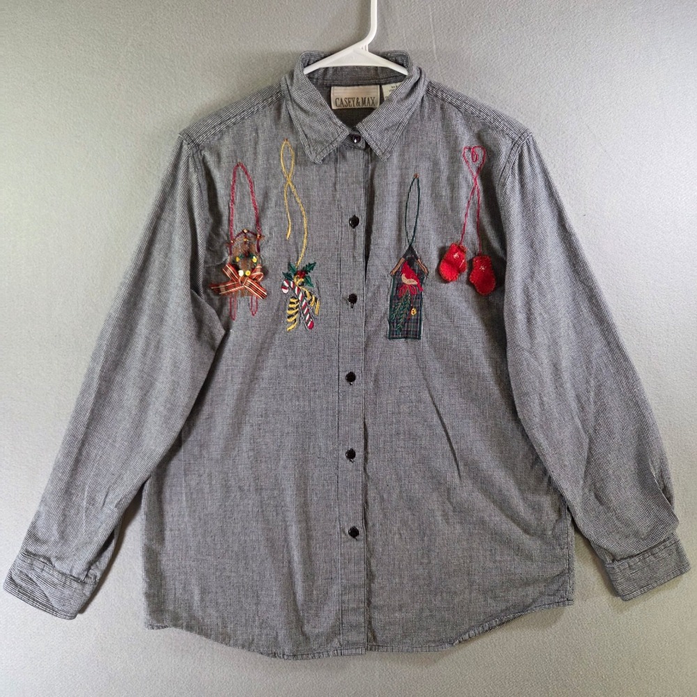 Casey & Max Vintage Houndstooth Christmas Embroidered Button Shirt Festive M